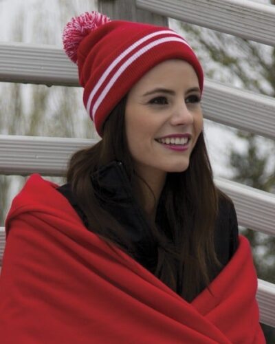 Promotional Products, Spiritwear, Safety Wear, Uniforms, Linen, Hospitality and Healthcare Supplies 50 Striped Cuff Pom Pom Toque