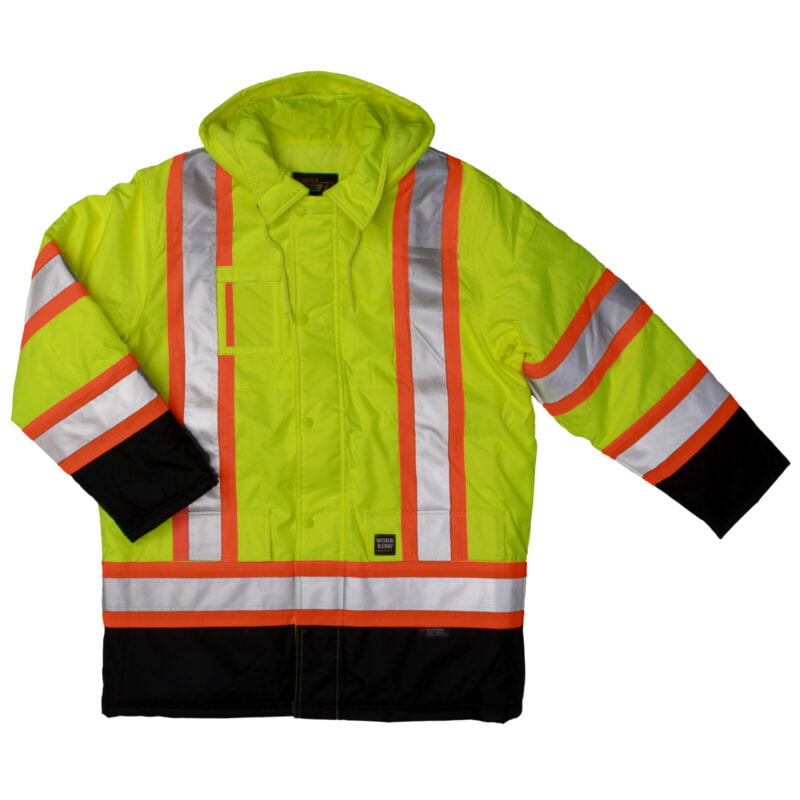 S176 FLGR F Work King Safety by Tough Duck Mens Lined Safety Parka Fluorescent Green Front