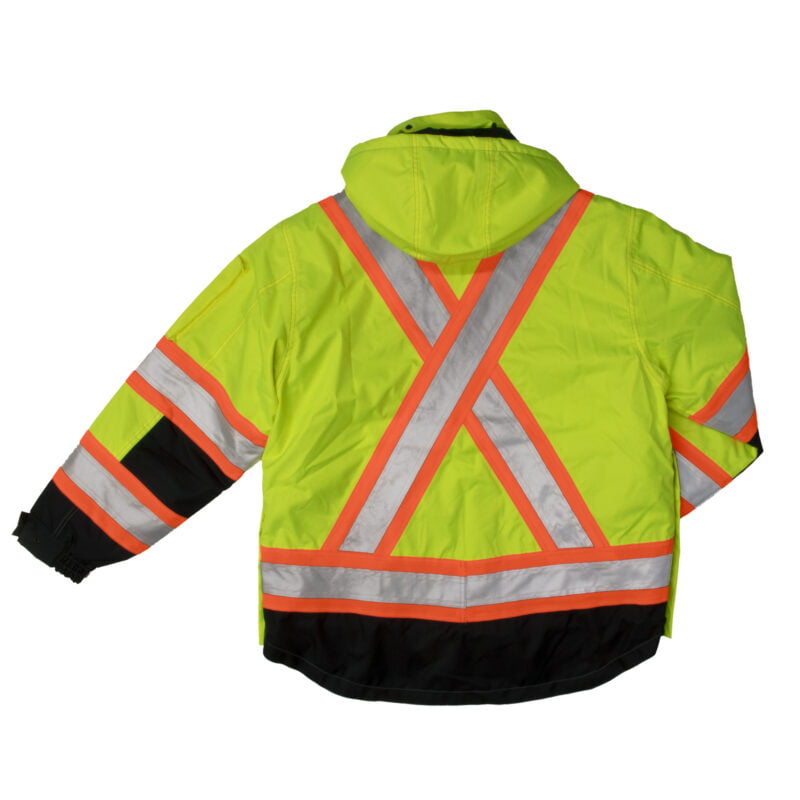 S187 FLGR B Work King Safety by Tough Duck Mens 4 in 1 Waterproof Breathable Safety Jacket Fluorescent Green Back