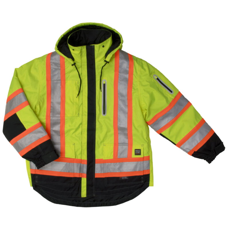 S187 FLGR F Work King Safety by Tough Duck Mens 4 in 1 Waterproof Breathable Safety Jacket Fluorescent Green Front