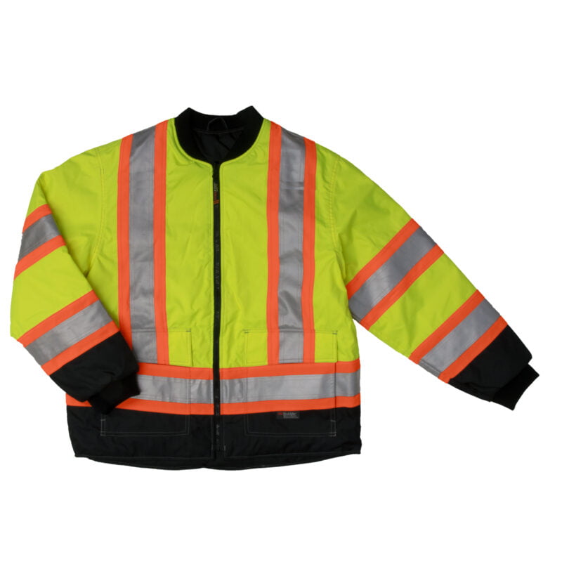 S187 FLGR FL Work King Safety by Tough Duck Mens 4 in 1 Waterproof Breathable Safety Jacket Fluorescent Green Front Liner