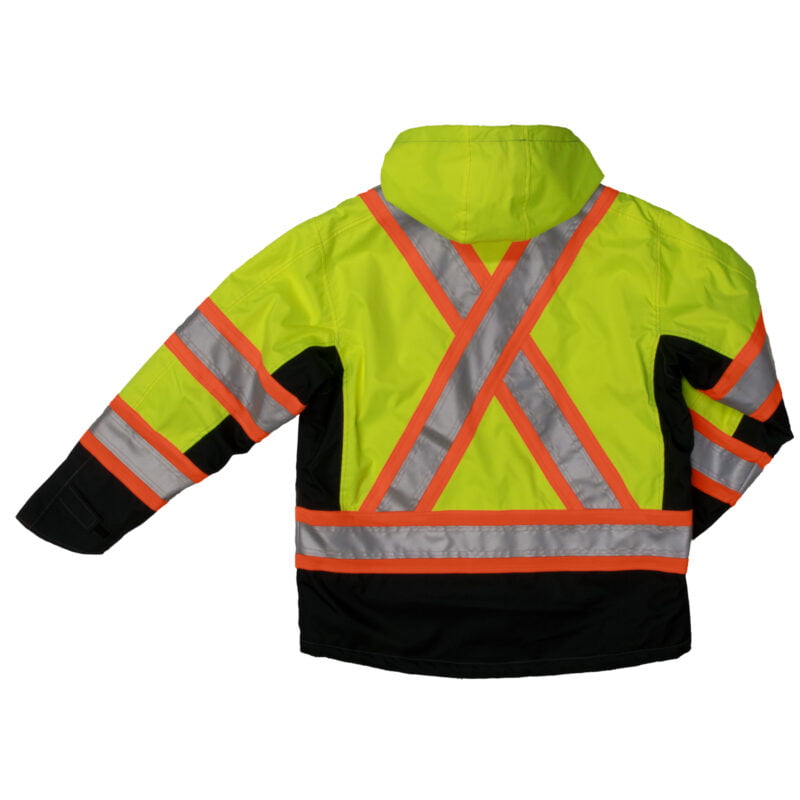 S245 FLGR B Work King Safety by Tough Duck Mens Waterproof Breathable Mid Weight Safety Fleece Lined Jacket Fluorescent Green Back