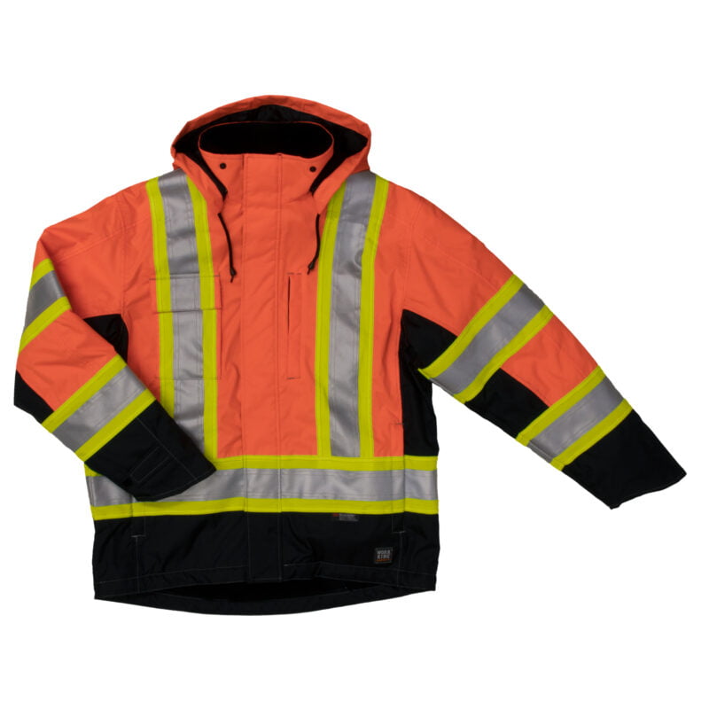 S245 FLOR F Work King Safety by Tough Duck Mens Waterproof Breathable Mid Weight Safety Fleece Lined Jacket Fluorescent Orange Front