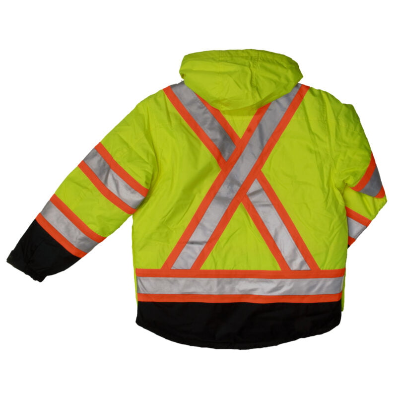 S426 FLGR B Work King Safety by Tough Duck Mens 5 in 1 Safety Jacket Fluorescent Green Back