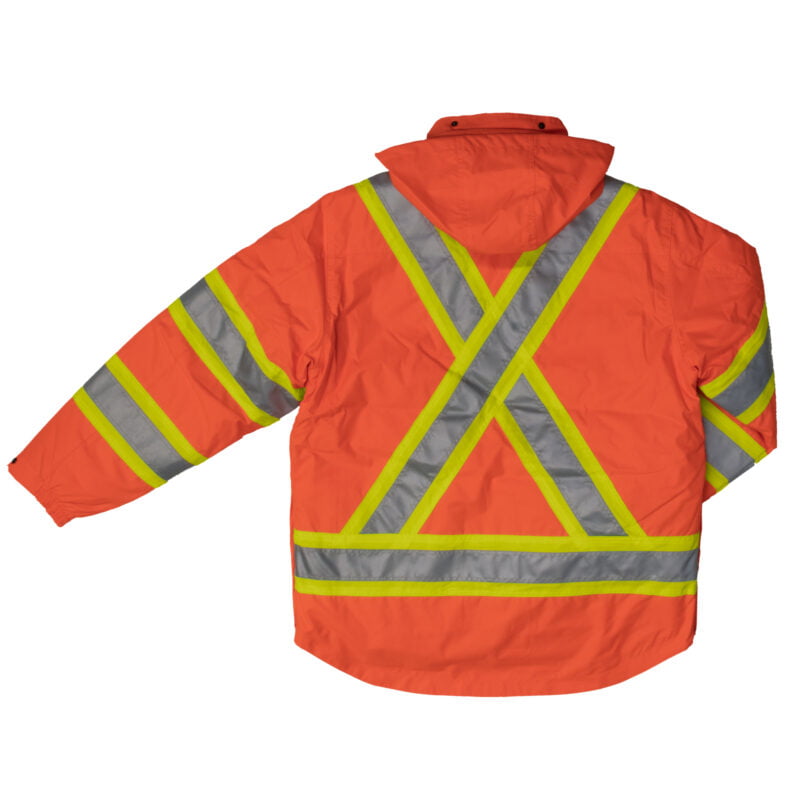 S426 SLOR B Work King Safety by Tough Duck Mens 5 in 1 Safety Jacket Solid Orange Mining Back