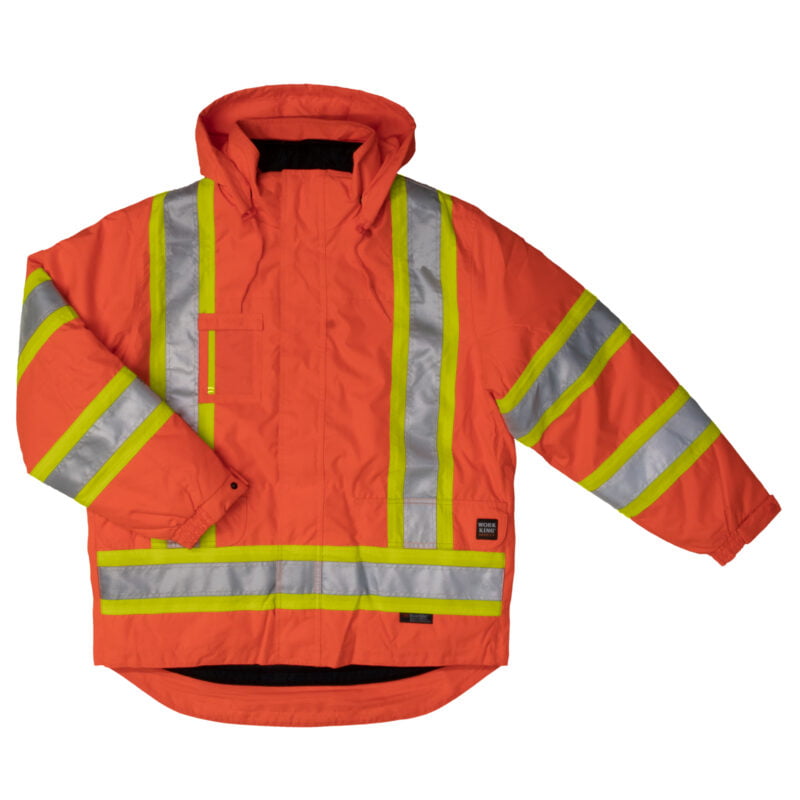S426 SLOR F Work King Safety by Tough Duck Mens 5 in 1 Safety Jacket Solid Orange Mining Front